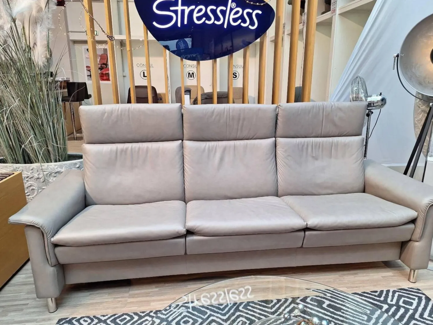 Stressless 3-Sitzer-Sofas|3 Sitzer Sofa Aurora Leder Paloma Silver Grey Grau Füße Edelstahl Poliert Rund
