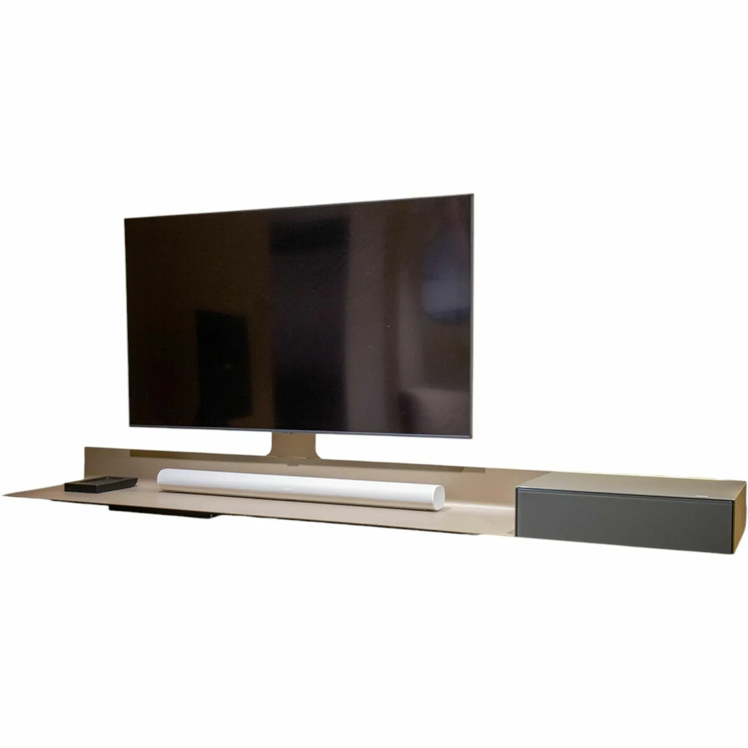 Spectral Smart Furniture Wohnwände & Tv-Lowboards|Air-Board ARL 2000 Metall Champagne Matt Pulverbeschichtet Beige Grau Front und Auflage Colour Glas Granit Grau Inklusive Beleuchtung Und Mediaparket