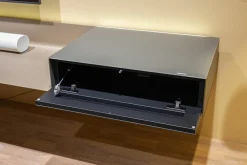 Spectral Smart Furniture Wohnwände & Tv-Lowboards|Air-Board ARL 2000 Metall Champagne Matt Pulverbeschichtet Beige Grau Front und Auflage Colour Glas Granit Grau Inklusive Beleuchtung Und Mediaparket