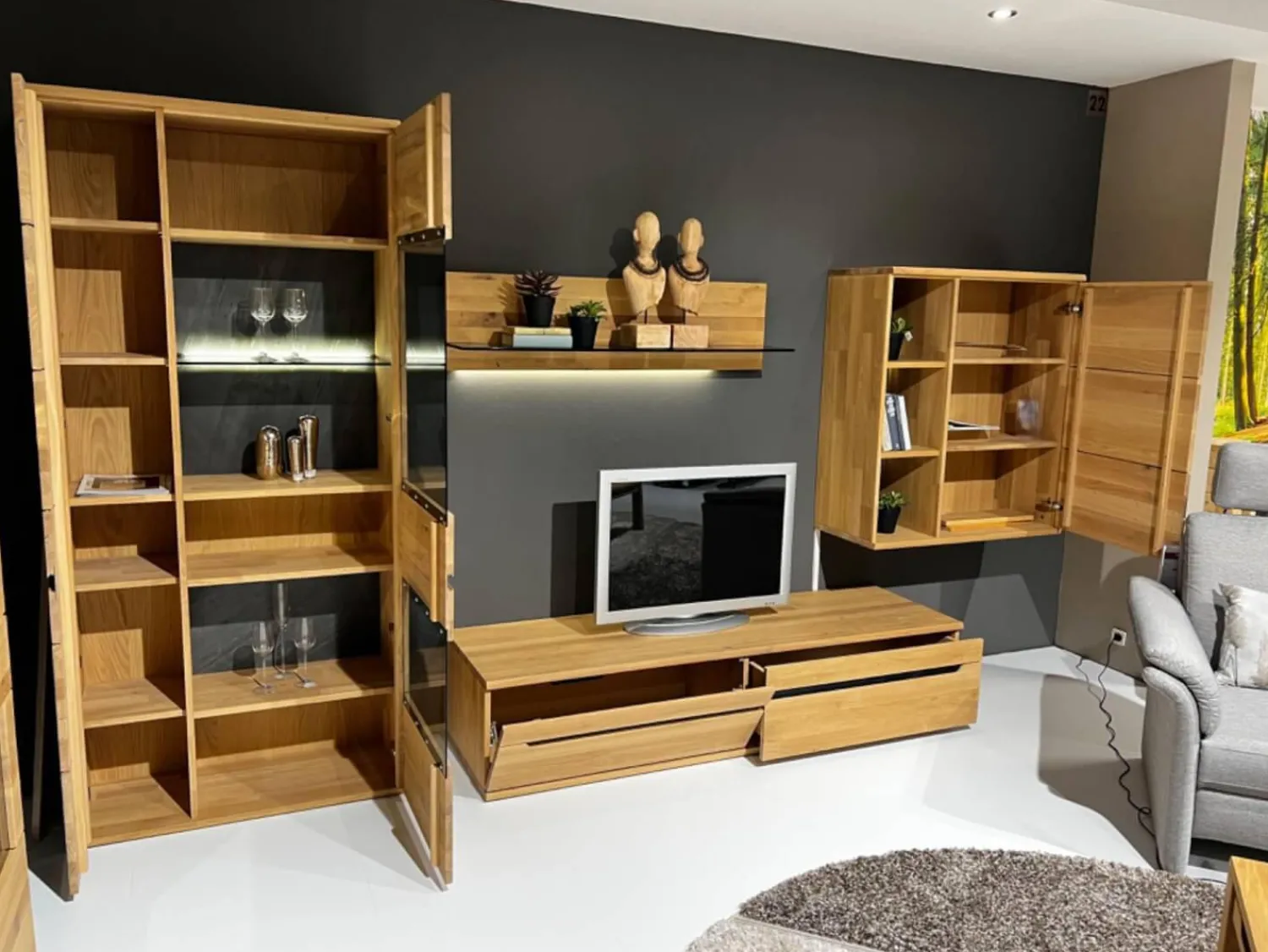 Decker Wohnwände & Tv-Lowboards|Anbauwand Ameno Wildeiche Massiv Bianco Geölt Inklusive LED Beleuchtung