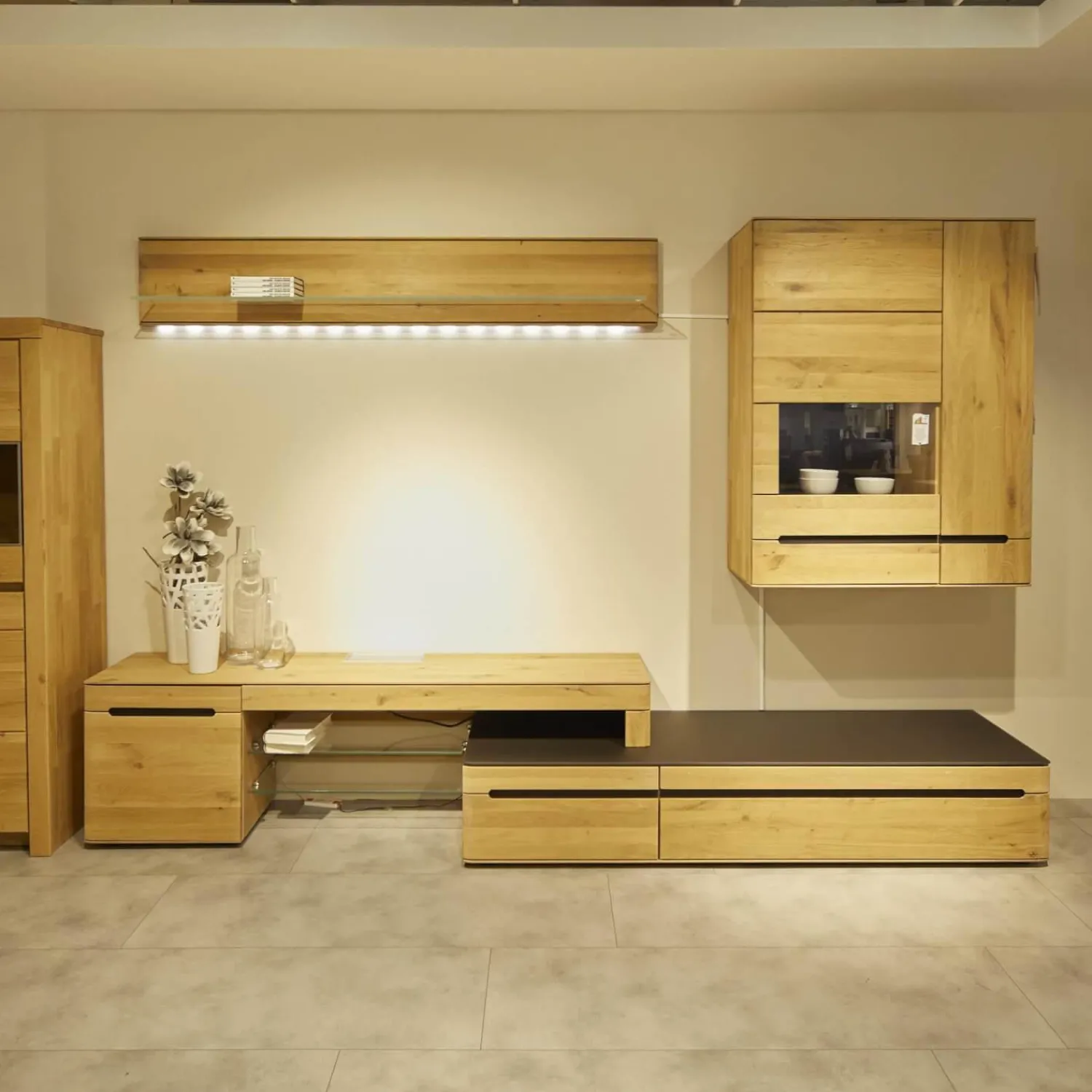 Decker Wohnwände & Tv-Lowboards|Anbauwand Laguna Wildeiche Massiv Bianco Geölt Mit LED-Beleuchtung