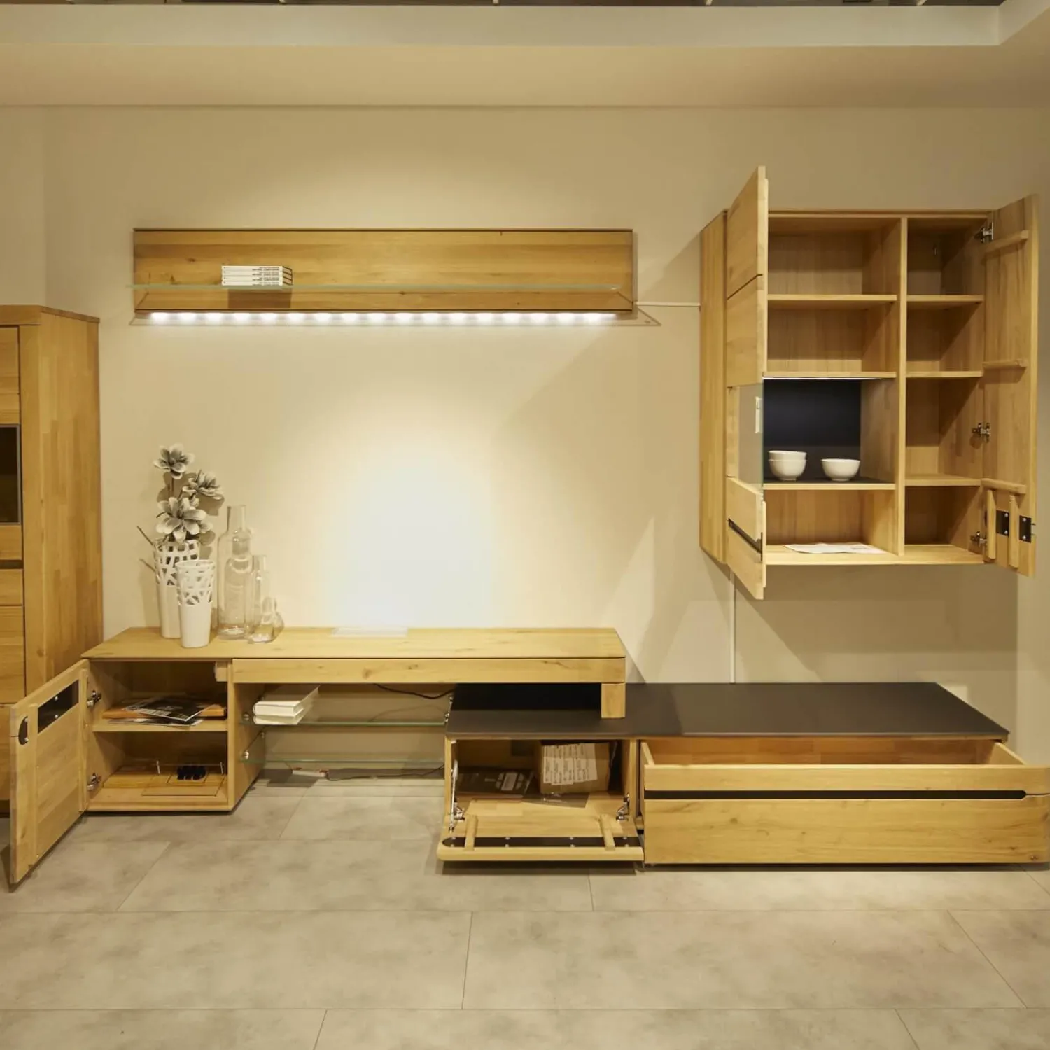 Decker Wohnwände & Tv-Lowboards|Anbauwand Laguna Wildeiche Massiv Bianco Geölt Mit LED-Beleuchtung