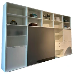 Interlübke Wohnwände & Tv-Lowboards|Anbauwand Studimo Lack Matt Kristallweiß Klappgriff Alufarbig Silber Schiebetür Glas Optiwhite Anthrazit