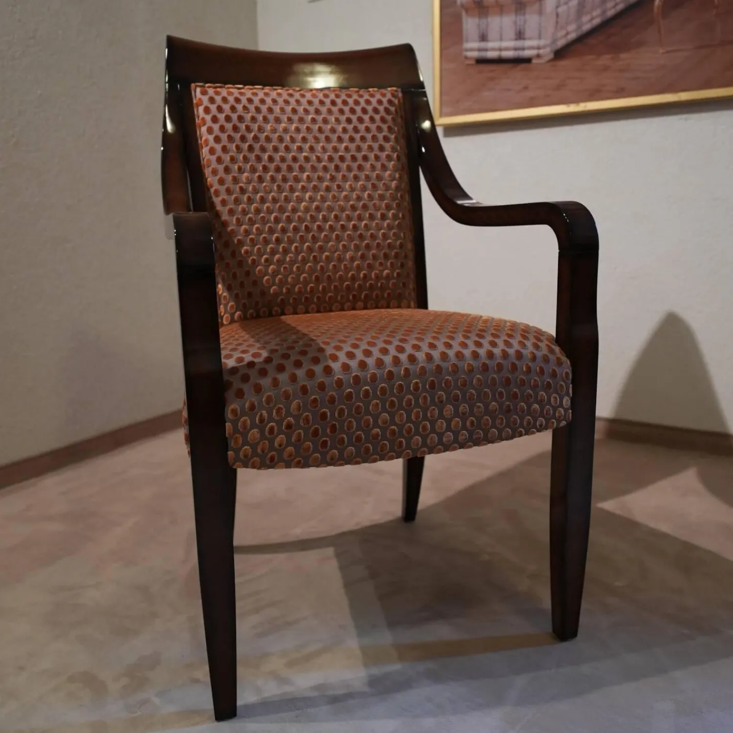 Finkeldei Einzelstühle|Armlehnstuhl Modell orly 9620mit Sichtholz Stoff Bezug Goldgelb Braun Toul 33 118 Sichtholzgestell Gebeizt und Lackiert