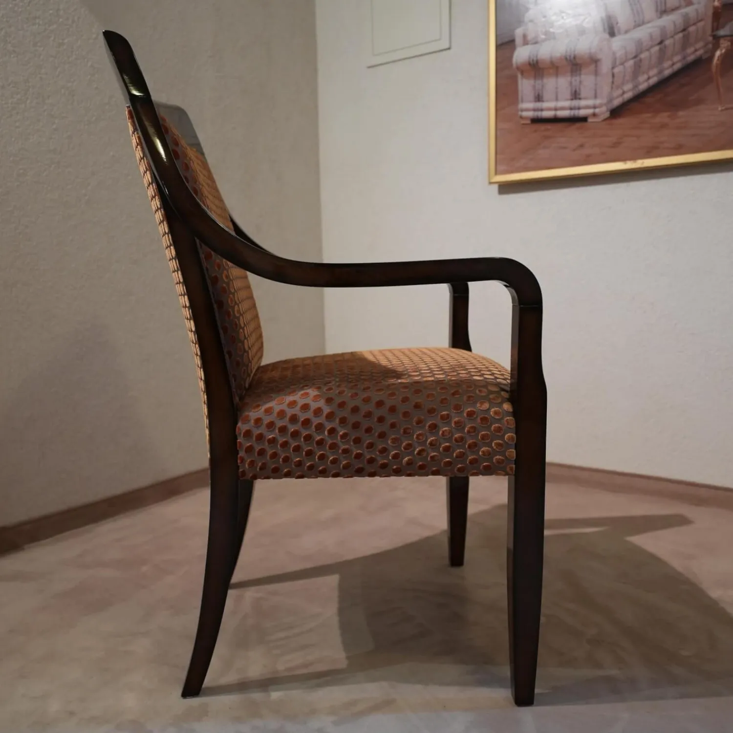 Finkeldei Einzelstühle|Armlehnstuhl Modell orly 9620mit Sichtholz Stoff Bezug Goldgelb Braun Toul 33 118 Sichtholzgestell Gebeizt und Lackiert