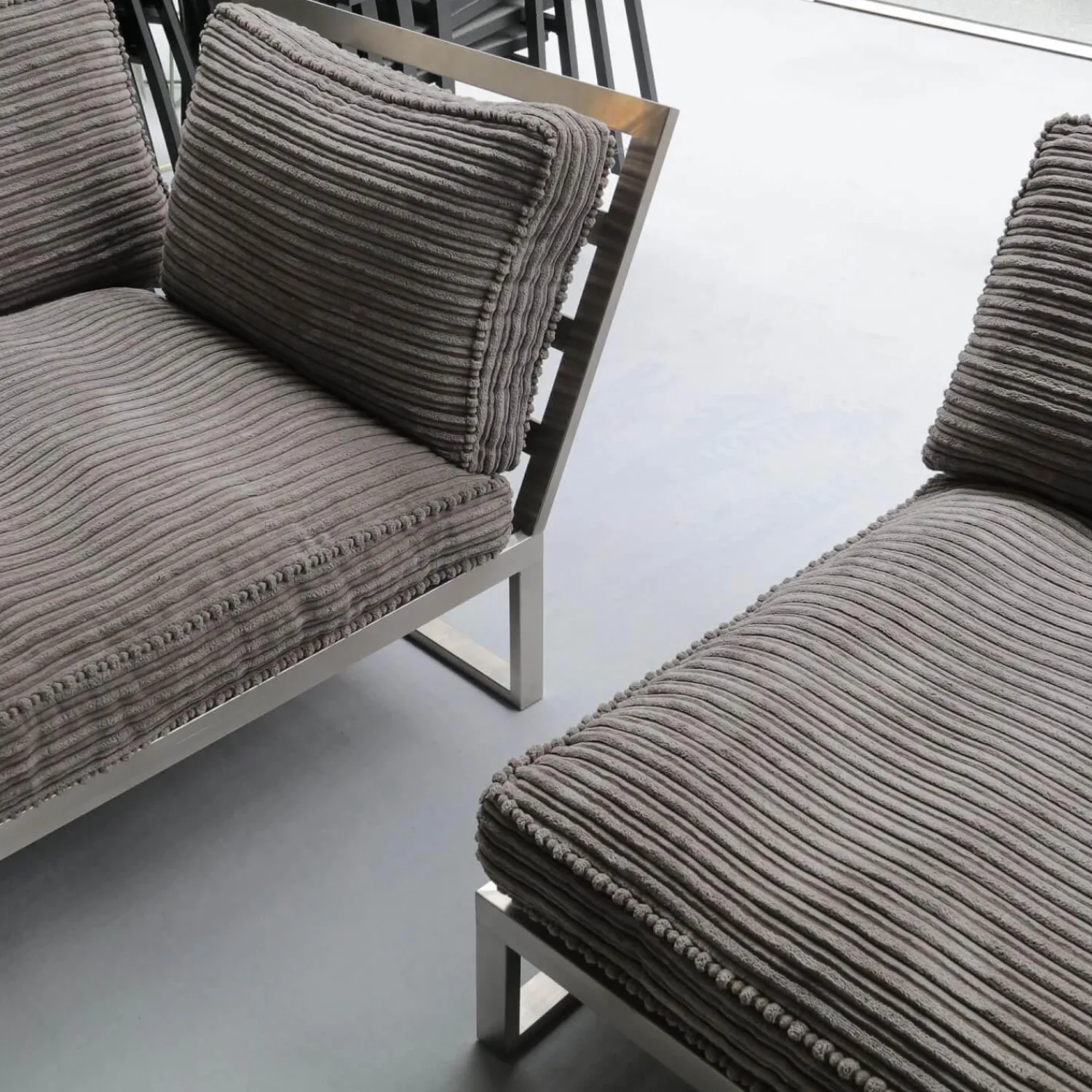 Marcel Design Loungemöbel|Becker Outdoor Lounge Gruppe Und Bank Bezug Cord Grau Gestell Edelstahl Handgebürstet