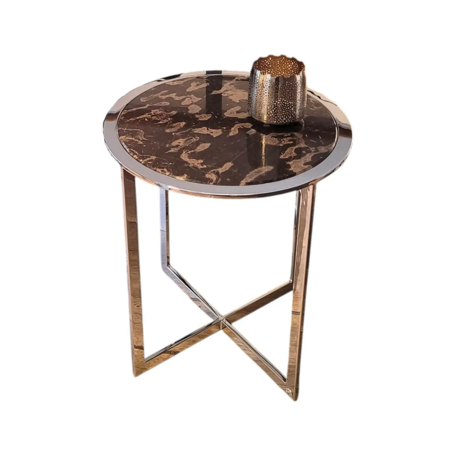 Draenert Beistelltische|Beistelltisch 1350 II Charme Platte Stein Leopard Grau Unterbau Hochglanz Chrom