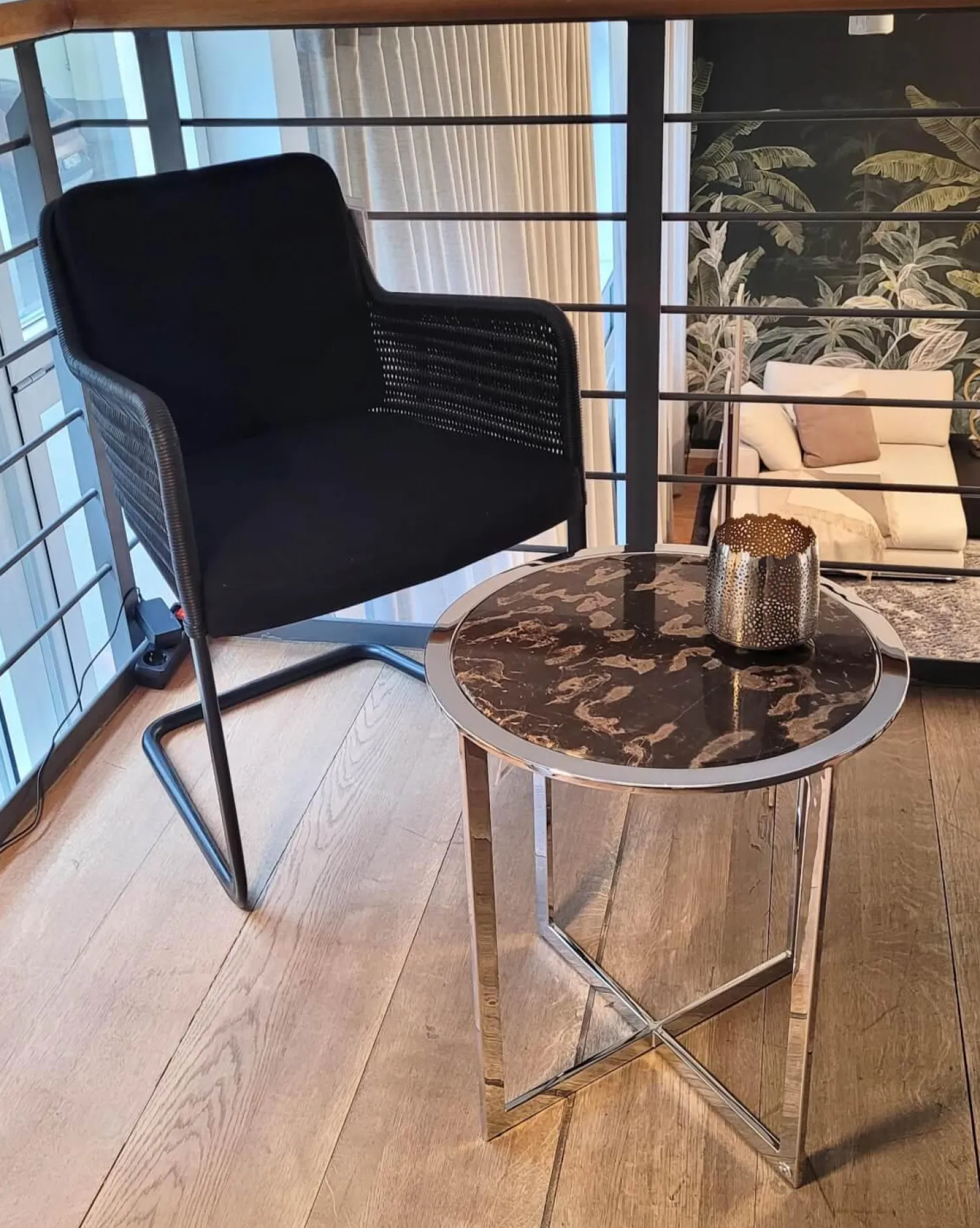 Draenert Beistelltische|Beistelltisch 1350 II Charme Platte Stein Leopard Grau Unterbau Hochglanz Chrom