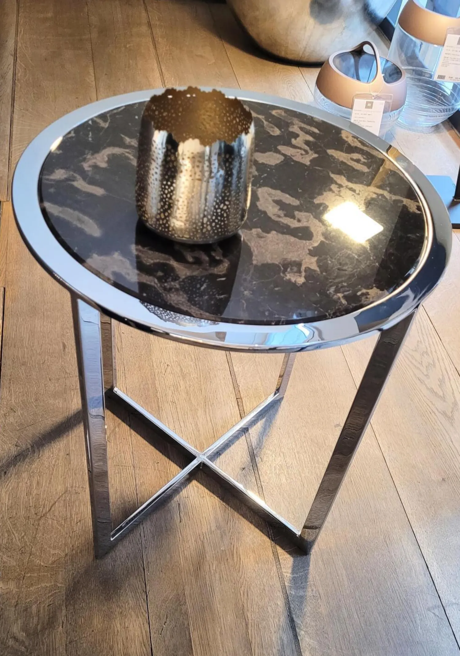 Draenert Beistelltische|Beistelltisch 1350 II Charme Platte Stein Leopard Grau Unterbau Hochglanz Chrom