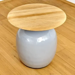 Gloster Beistelltische|Beistelltisch Blow Low Platte Teak Gestell Keramik Glasiert Smoke Grau