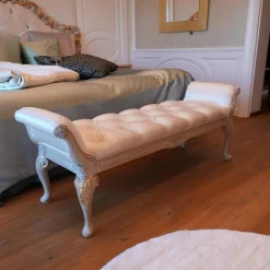 Eigene Herstellung Polsterbetten|Bett 1996 Finish Ceruse Und Gold Stoff Monte Bianco Silber Weiß Gestell Massivholz Mit Fußbank Und 2 Nachtkommoden Ohne Matratze