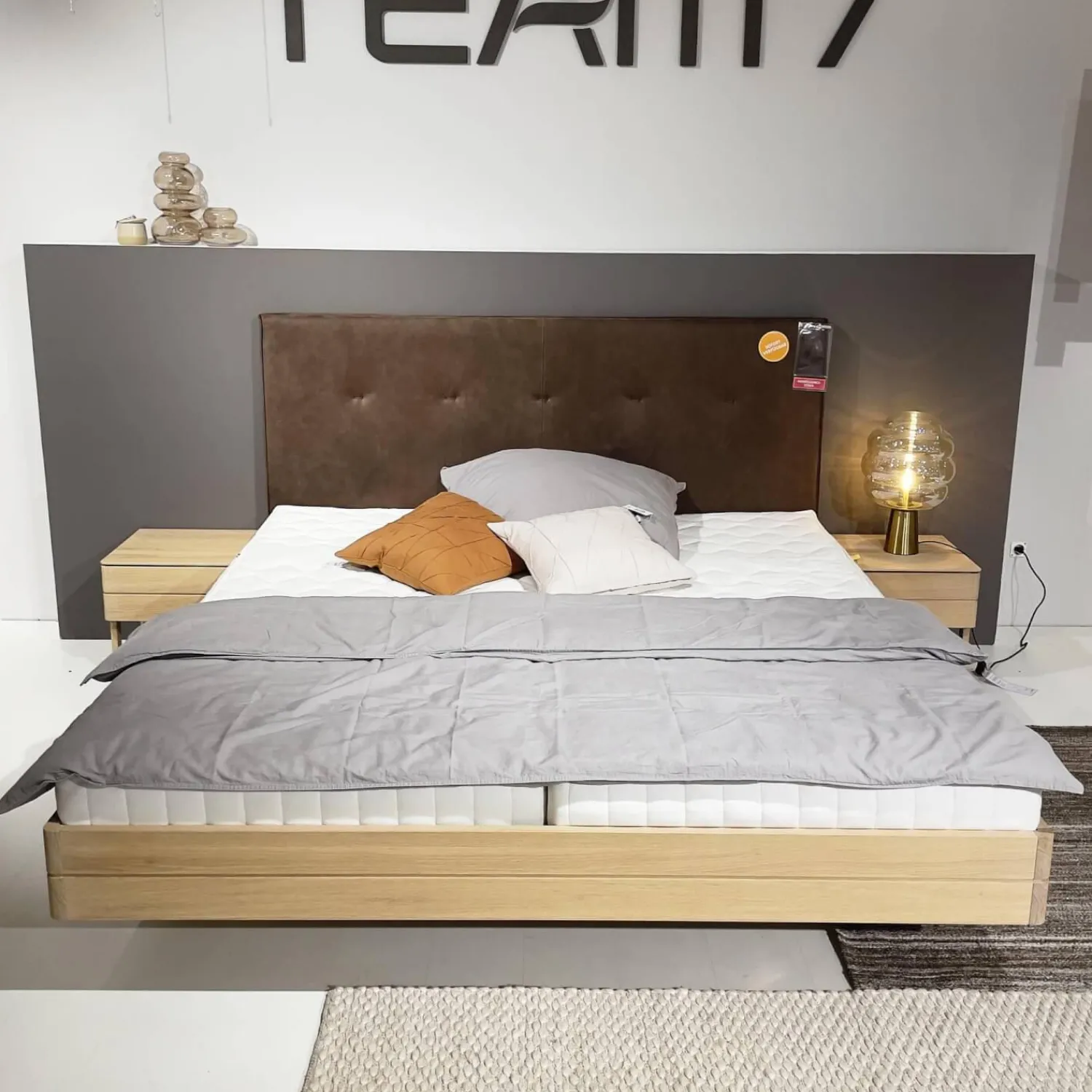 Team 7 Polsterbetten|Bett Float Eiche Massiv Naturöl Lederhaupt Naturleder L7 77720 Umbra Grau Ohne Matratze Und Lattenrost