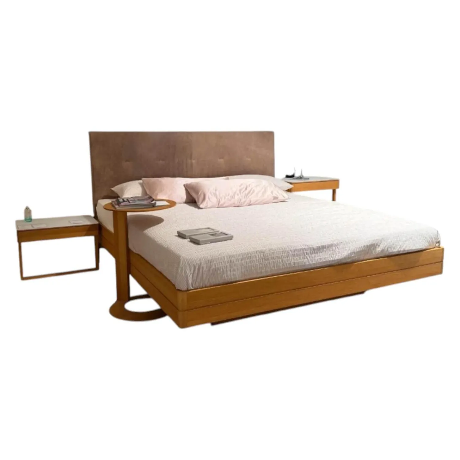 Team 7 Polsterbetten|Bett Float Eiche Naturöl Kopfteil Naturleder L7 Tartufo Braun Inklusive Nachtkästchen Float Eiche Naturöl Deckplatte Glas Weiß