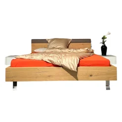 Hülsta Polsterbetten|Bett Gentis Eiche Naturstamm Polsterapplikation Leder 5114 Grau Braun Mit Beleuchtung Und Fernbedienung