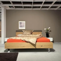 Hülsta Polsterbetten|Bett Gentis Eiche Naturstamm Polsterapplikation Leder 5114 Grau Braun Mit Beleuchtung Und Fernbedienung