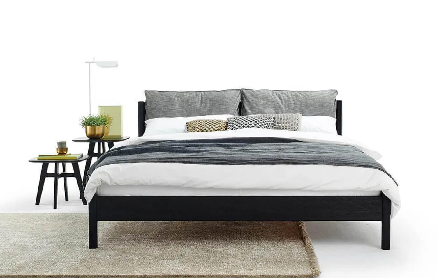 Möller Design Polsterbetten|Bett Liv Bettgestell Hoch Eiche Gebeizt Mattlack Schwarz Kernleder Rangero Schwarz Rückenkissen Stoff Moss Col. 15 Ohne Matratze