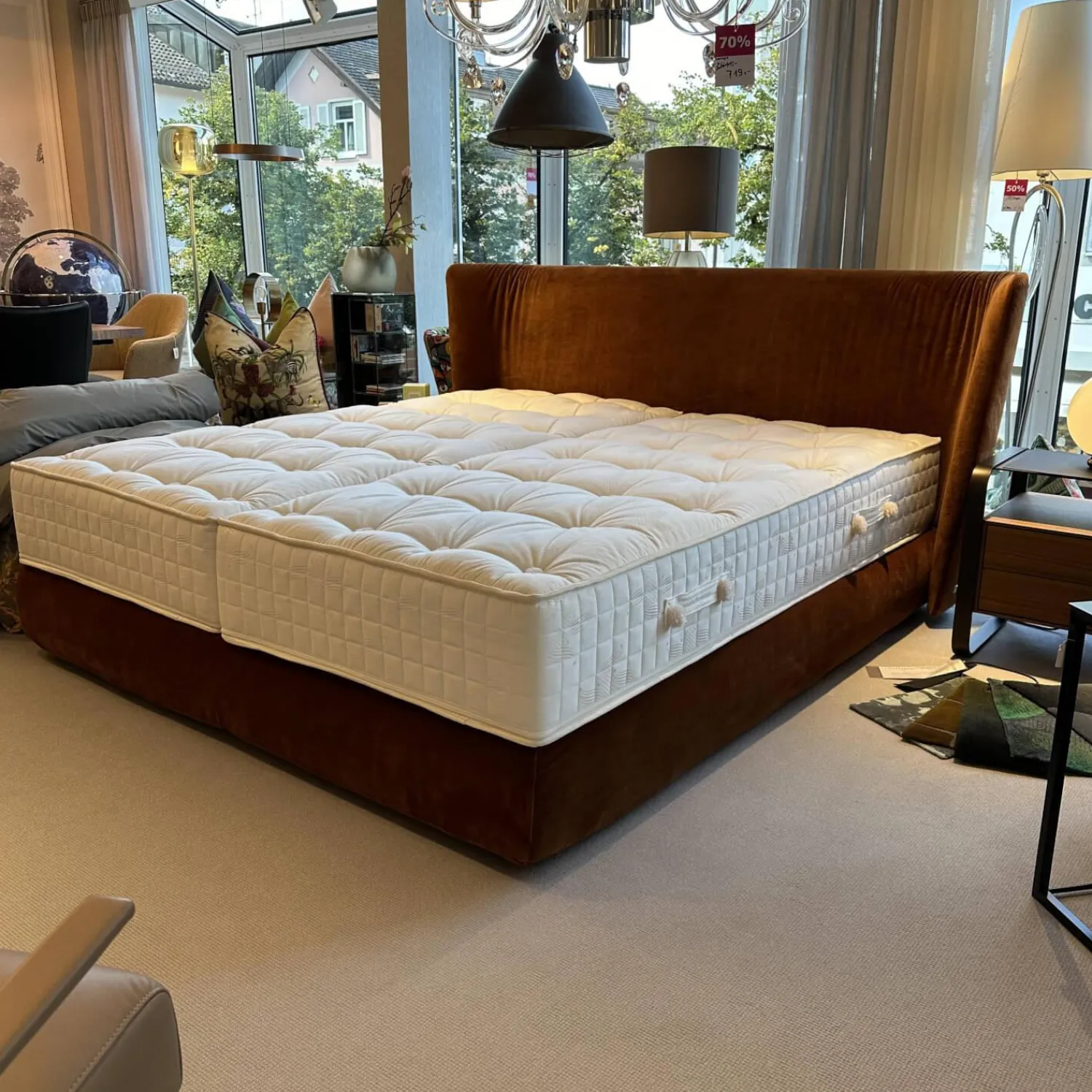 Bielefelder Werkstätten Boxspringbetten|Boxspringbett Polo Stoff Velours City Velvet Reloaded Kupfer Orange Mit Blindfüßen