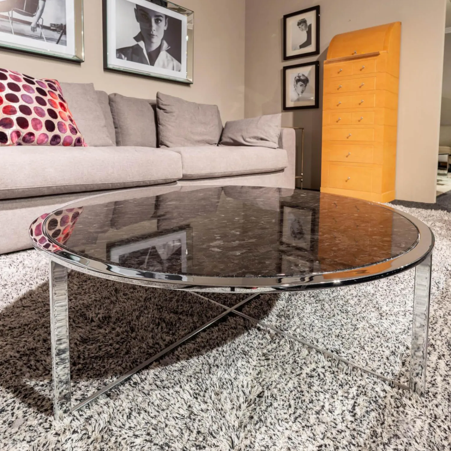 Draenert Couchtische|Couchtisch Charme AVK Platte Stein Braun Antico Gestell Hochglanz Chrom