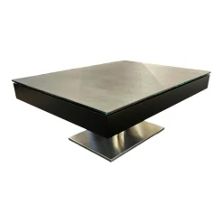 Ronald Schmitt Design Couchtische|Couchtisch K 468 Janus Platte Keramik Zement Grau Korpus 9005 Tiefschwarz Säule Perlglanz Verchromt Sockel Edelstahl Gebürstet