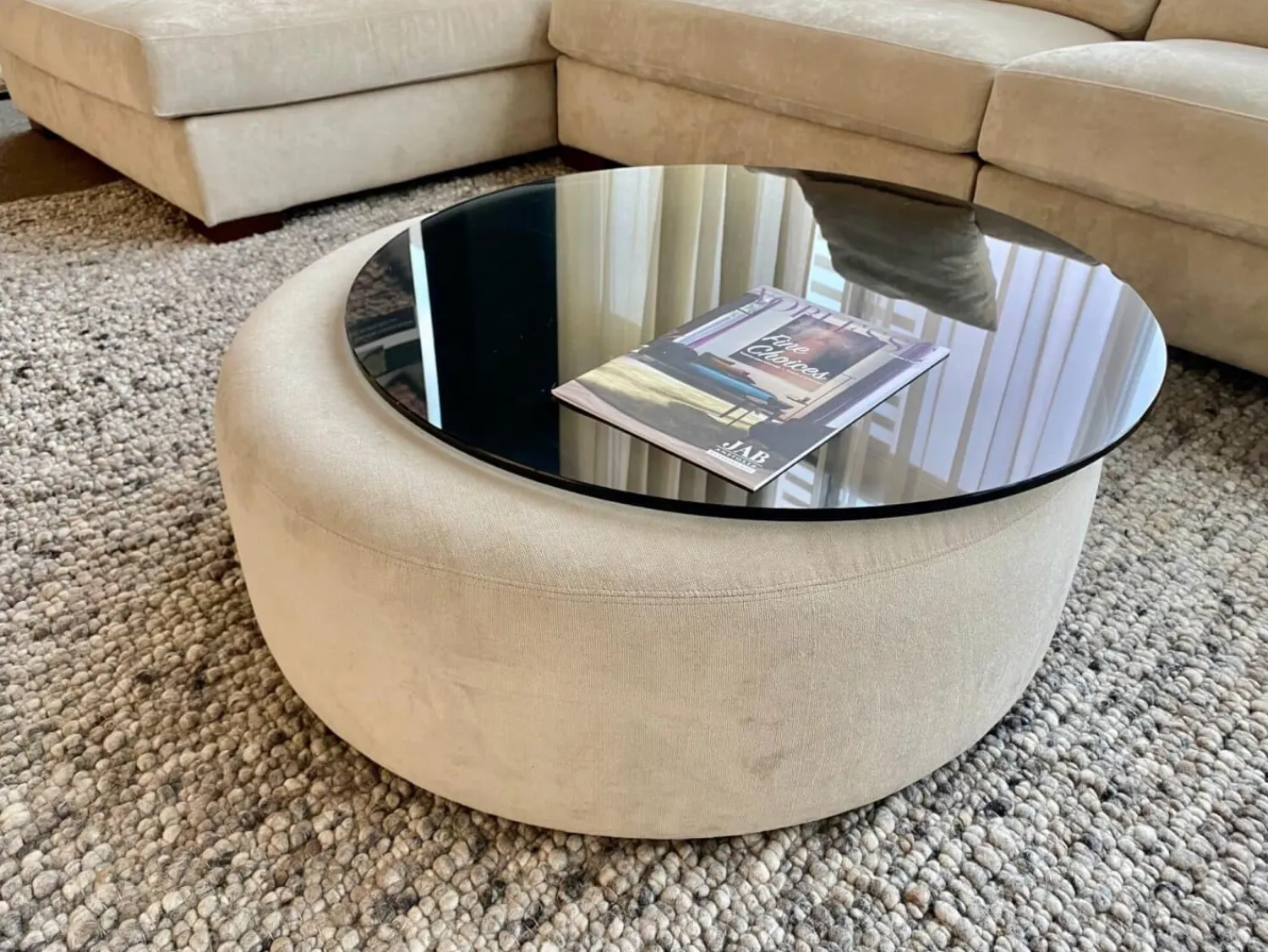 Bielefelder Werkstätten Couchtische|Couchtisch Luna Platte Glas Rauchig Dunkelgrau Gestell Stoff JAB 1-1336-071 Carson Beige