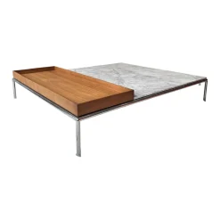 Cassina Couchtische|Couchtisch Mex Hi Platte Marmor Mianco Carrara Beige Gestell Metall Verchromt Inklusive Tablett Amerikanischer Nussbaum