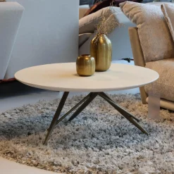 Bretz Couchtische|Couchtisch Ohlinda Type J 118 L Rund WS White Stone Weiß Gestell Gold Lackiert