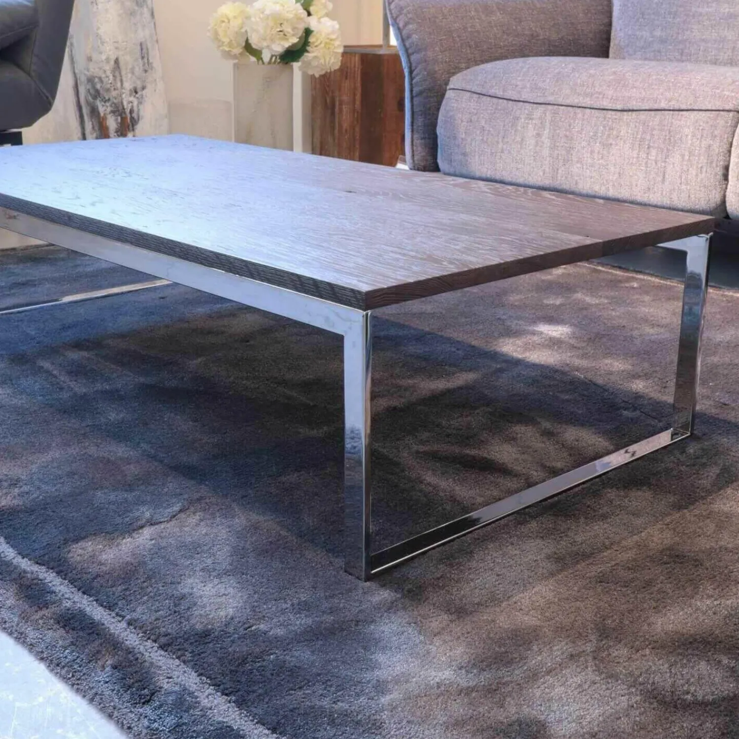 Paul Lindberg Couchtische|Couchtisch Patin Eiche Meteor Grau Lackiert Gestell Verchromt Glänzend