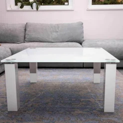 Eve Collection Couchtische|Couchtisch Rimini Optiwhiteplatte Applikationen in Titansilber Füße RAL 9003 HG