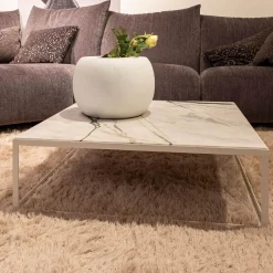 Janua Couchtische|Couchtisch SC 54 Steinplatte Calacatta Verde Leder Optik Gestell Pulverbeschichtet Verkehrsweiß