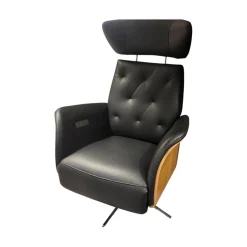 Natura Relaxsessel|Drehsessel Aberdeen Leder 30 Nero Schwarz Holzblende Eiche Natur Sternfuß Edelstahl Mit 3 Motorischer Verstellung