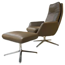 COR Relaxsessel|Drehsessel dia Bezug Leder Semi Nougat 280 4-Fuß Drehgestell Aluminium Poliert Mit Hocker