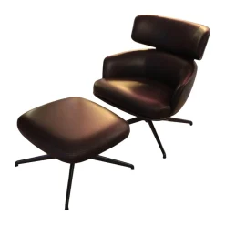 Molteni & C Loungesessel|Drehsessel Piccadilly PPA1 Leder S9336 Fango Braun Schwarz Gestell Hochglänzend Zinnfarbig Mit Hocker PPF1