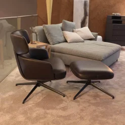 Molteni & C Loungesessel|Drehsessel Piccadilly PPA1 Leder S9336 Fango Braun Schwarz Gestell Hochglänzend Zinnfarbig Mit Hocker PPF1