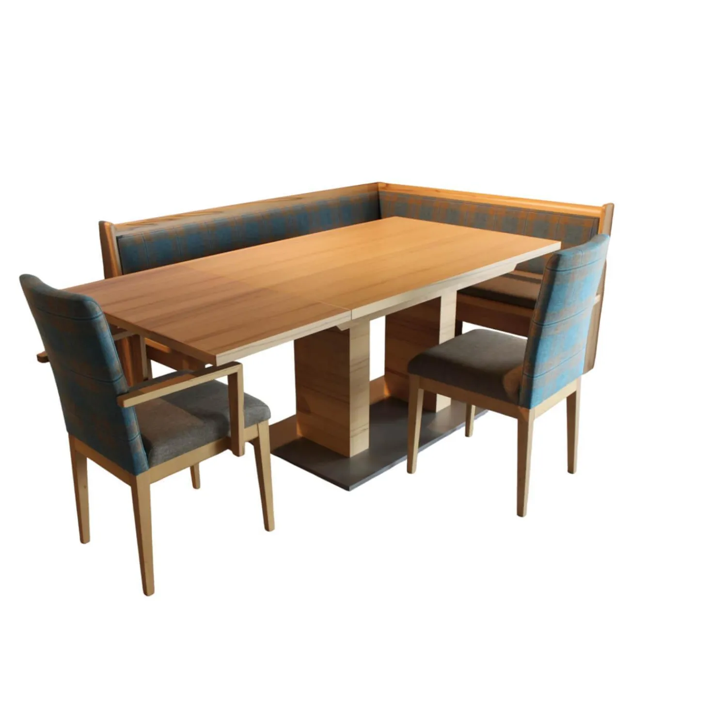 Schösswender Essgruppen|Eckbankgruppe Stoff Happ Uni Beige Karo Türkis Kernbuche Natur Tisch 2 Stühle Eckbank