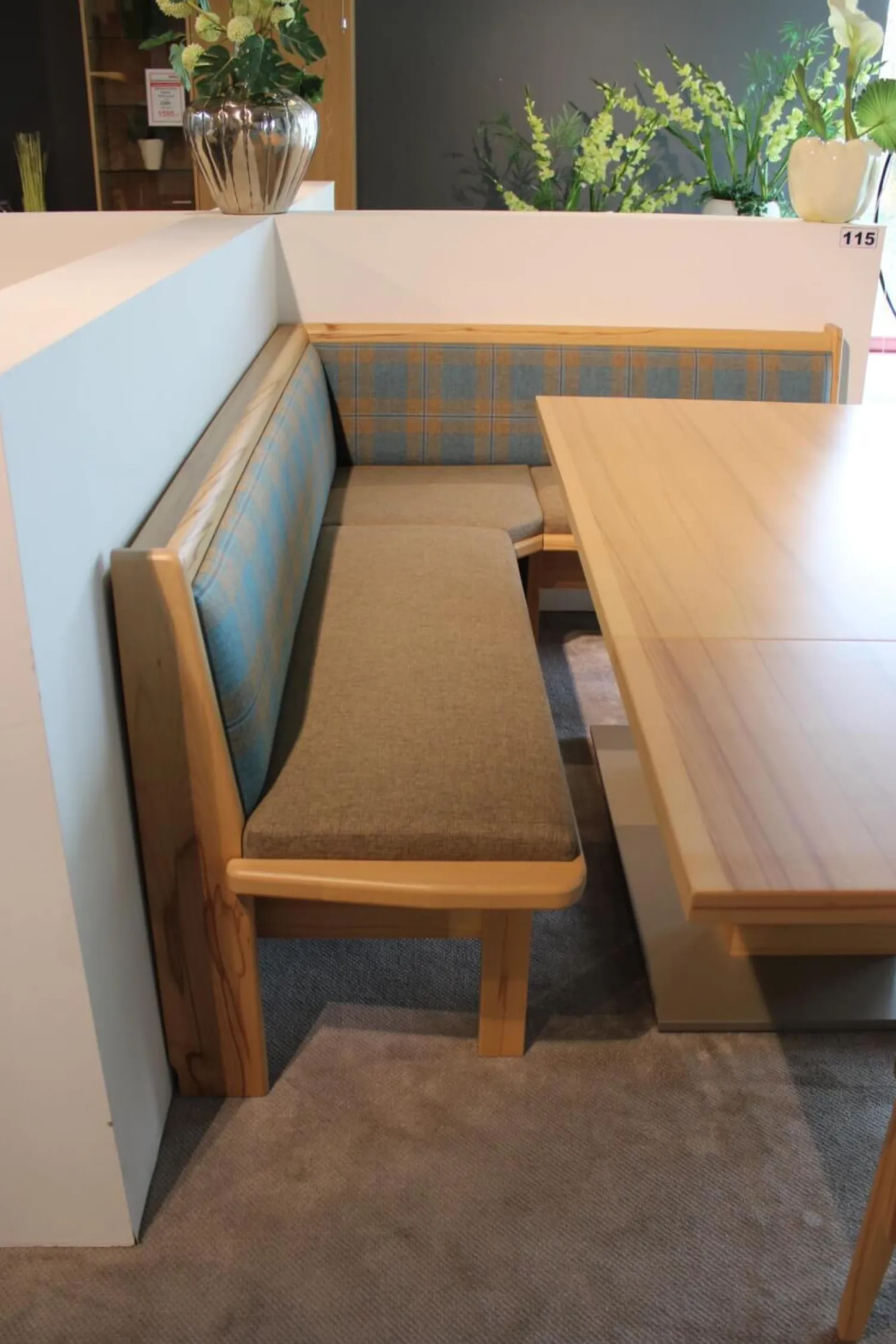 Schösswender Essgruppen|Eckbankgruppe Stoff Happ Uni Beige Karo Türkis Kernbuche Natur Tisch 2 Stühle Eckbank