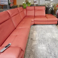 Steinpol Ecksofas|Eckgarnitur Luna Bezug Leder Kevin Cherry Fuß Schwarz Matt Mit Elektrischer Verstellung