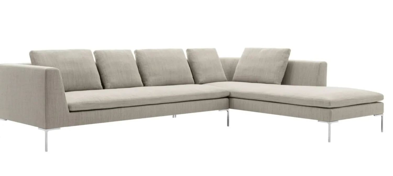 B&B Italia Ecksofas|Eckiges Sofa Charles Stoff Rattier Seil Beige Innenrahmen Stahlrohre Füße Aluminiumguss Inklusive Kissen