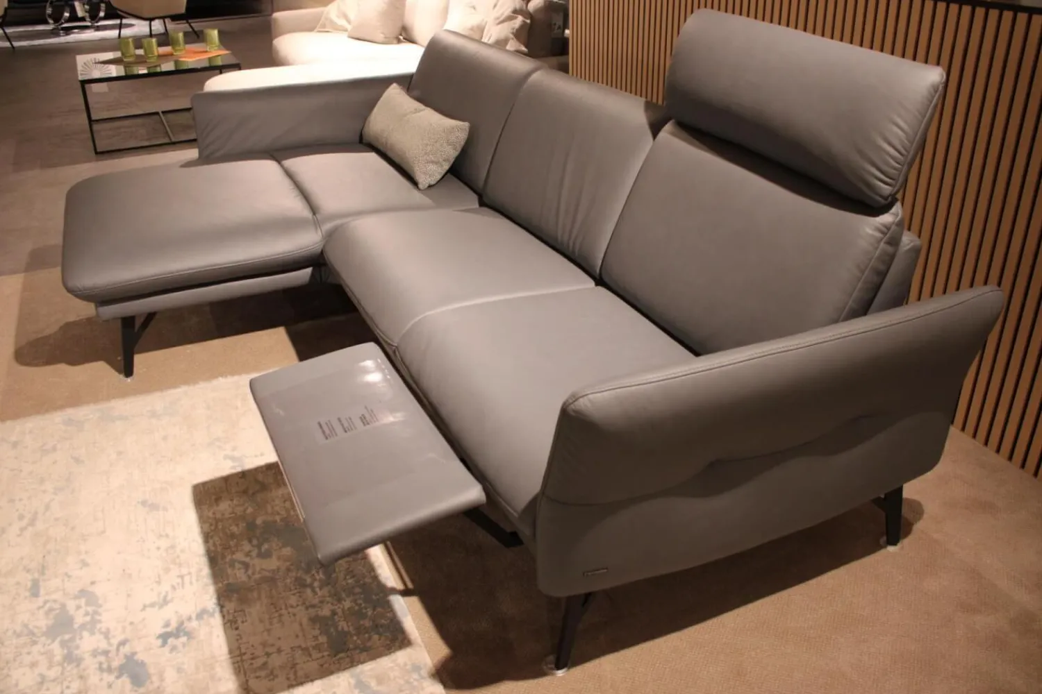 himolla Ecksofas|Ecksofa 1928 Leder 24 Longlife Aqua Grau mit Kopfstütze und 1 Nierenkissen