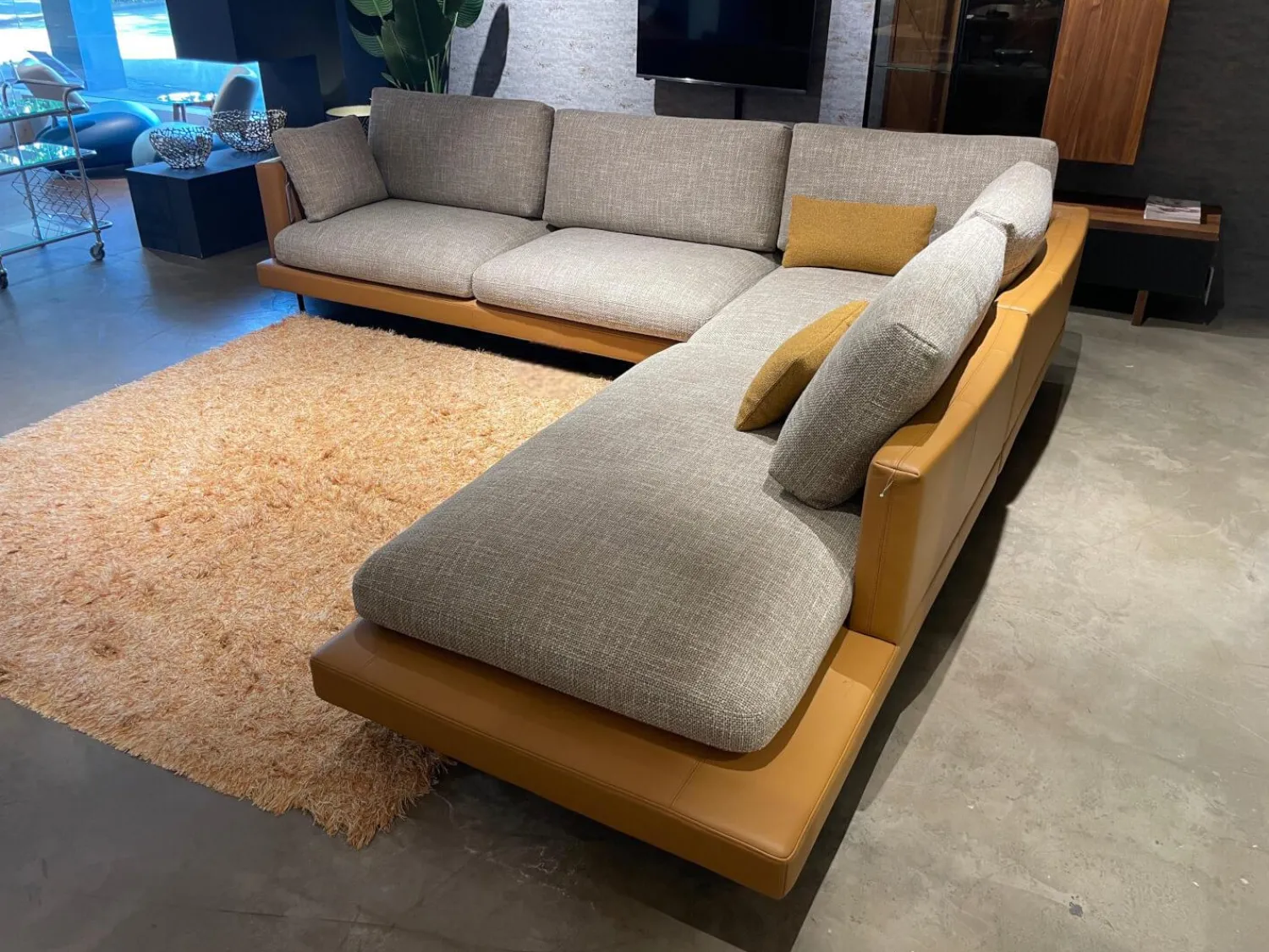 Rolf Benz Ecksofas|Ecksofa 60 Sina Korpus Leder 38 111 Ockerbraun Braun Sitz Stoff 26 383 Sandgelb Grau Gestell Schwarz