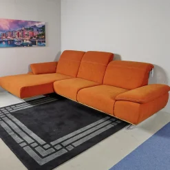 Zehdenick Ecksofas|Ecksofa 4300 Stoff Vincent Soft Terra Orange Sichtrahmen Wildeiche Geölt Fuß Metallkufe Edelstahlfarbig Mit Hocker