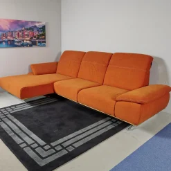 Zehdenick Ecksofas|Ecksofa 4300 Stoff Vincent Soft Terra Orange Sichtrahmen Wildeiche Geölt Fuß Metallkufe Edelstahlfarbig Mit Hocker