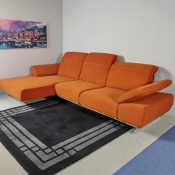 Zehdenick Ecksofas|Ecksofa 4300 Stoff Vincent Soft Terra Orange Sichtrahmen Wildeiche Geölt Fuß Metallkufe Edelstahlfarbig Mit Hocker