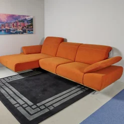 Zehdenick Ecksofas|Ecksofa 4300 Stoff Vincent Soft Terra Orange Sichtrahmen Wildeiche Geölt Fuß Metallkufe Edelstahlfarbig Mit Hocker