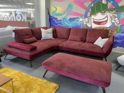 Poco Ecksofas|Ecksofa 80007 Webstoff Paris Chianti Rot Und Samtstoff Rivera Aubergine Violett Fuß Metall Schwarz Inklusive Hocker Und Verstellung