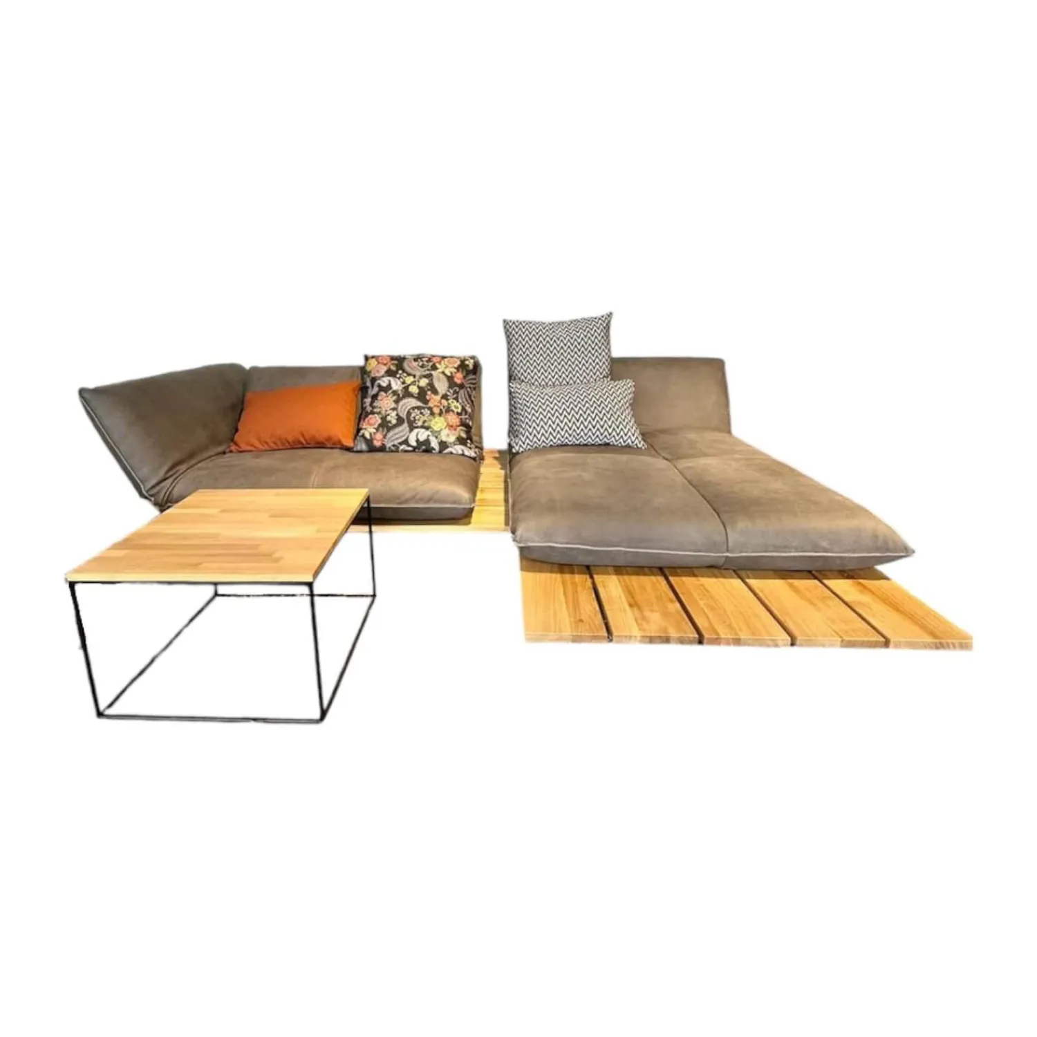 Bullfrog Ecksofas|Ecksofa Akito Leder Rhino Elefant 2399 63 Braun Grau Plattform Wildeiche Füße Stahl Schwarz Pulverbeschichtet