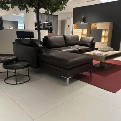 Brühl Ecksofas|Ecksofa Alba System M Leder 5669 0020 Lama Braun Winkelfuß Verchromt Glänzend Mit Kopfstützenbügel