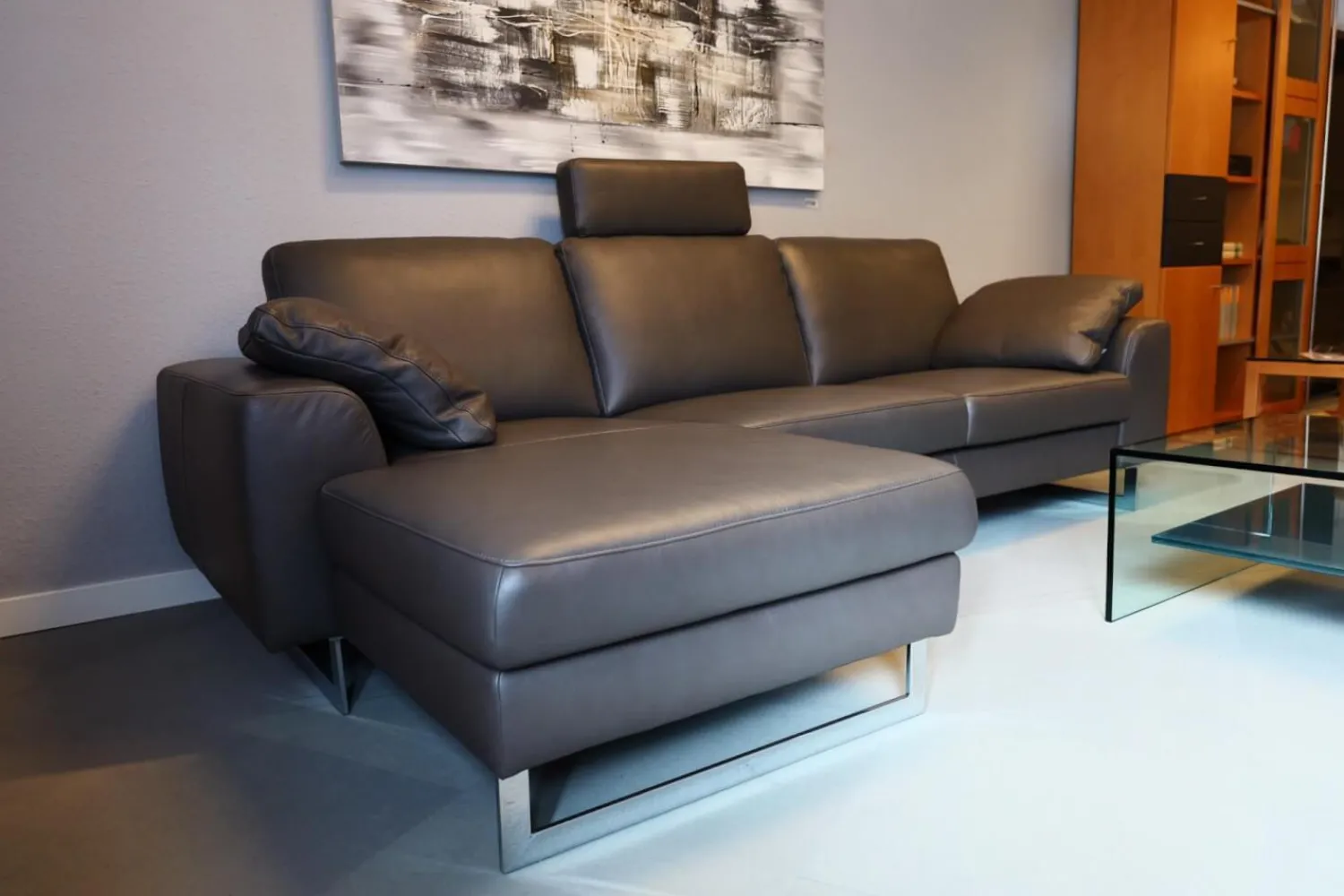 W. Schillig Ecksofas|Ecksofa Alexx Leder Longlife Xtra 95 Graphit Grau Metallfuß F7T Chrom Mit Kissen Und Kopfstütze