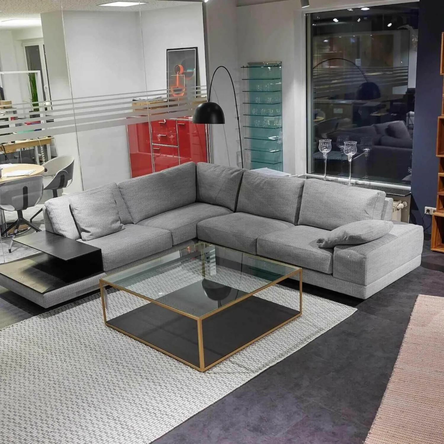 Violetta Ecksofas|Ecksofa Andria Stoff Kairo 90 Grau Eiche Dunkel Geräuchert Mit Holzablage