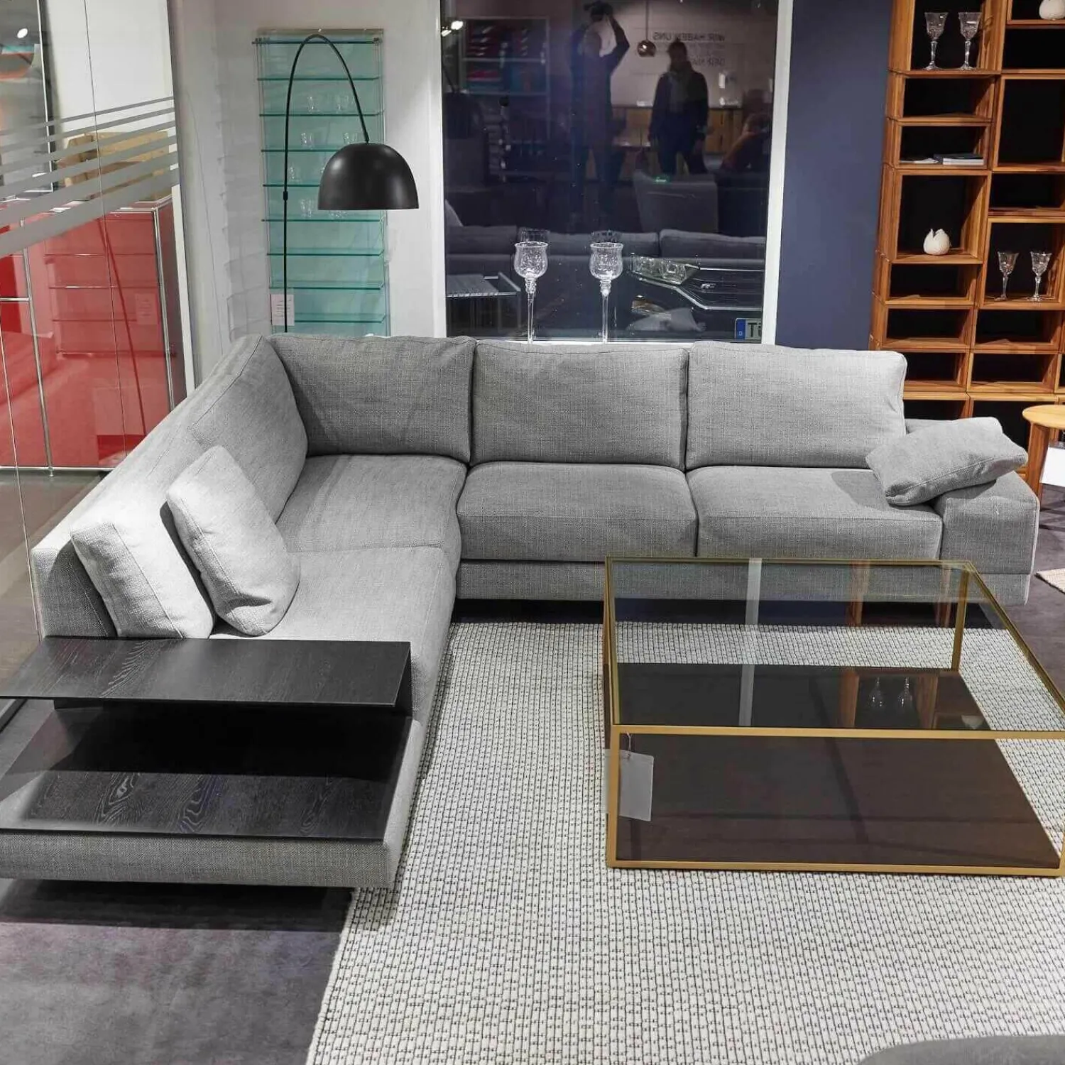 Violetta Ecksofas|Ecksofa Andria Stoff Kairo 90 Grau Eiche Dunkel Geräuchert Mit Holzablage