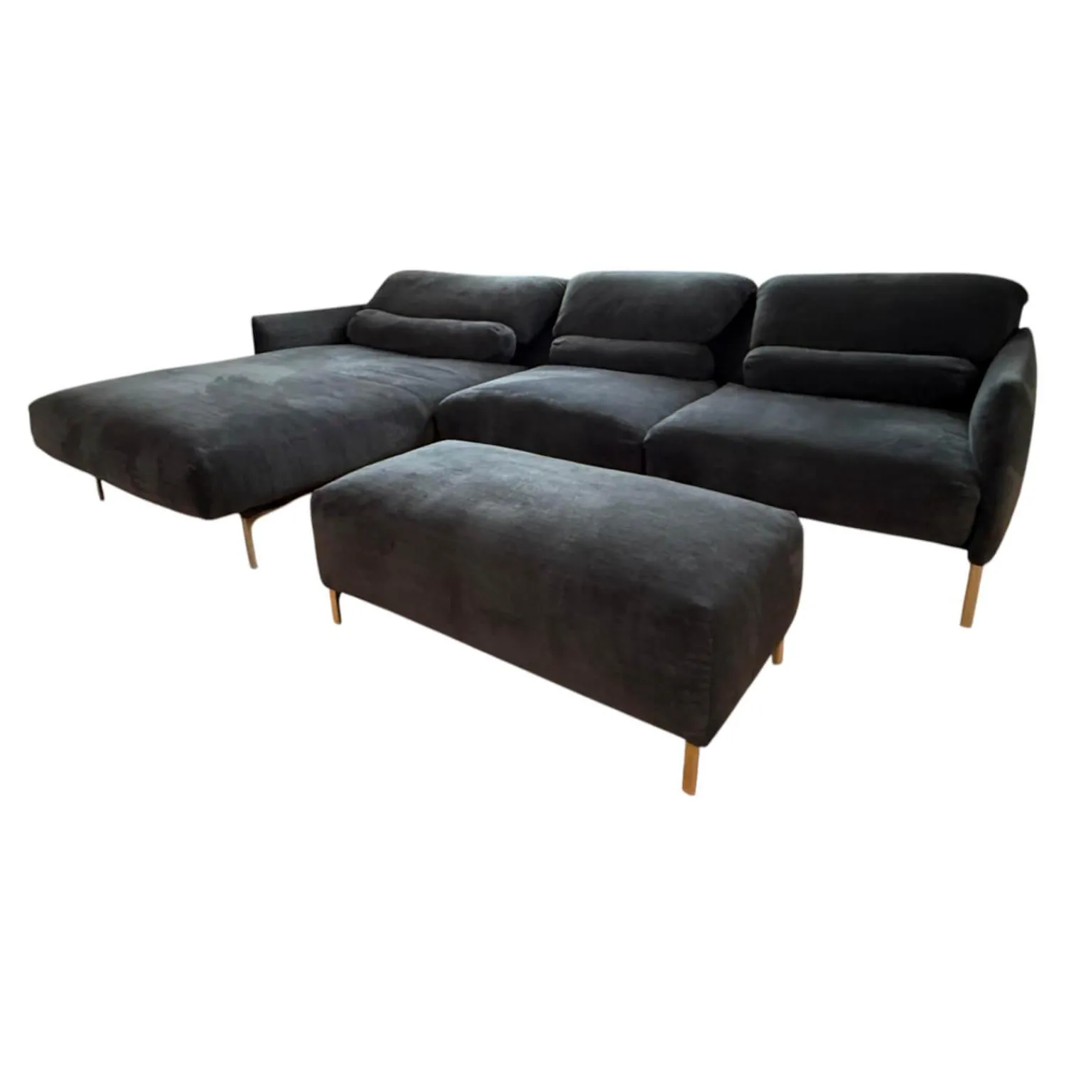 COR Ecksofas|Ecksofa Avalanche Stoff 8145 Dunkelgrau mit 3 Lendenrollen und einem Hocker